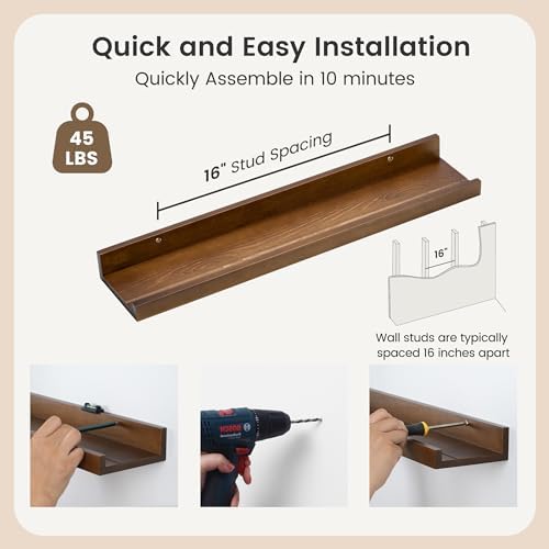 FLYJOE Picture Ledge Wall Shelves 24 inch Width Set of 2, Solid Pine Wood Rustic Floating Ledge Shelves for Wall for Kids' Room Bedroom Kitchen Bathroom Living Room Nursery Display Wall Decor, Walnut