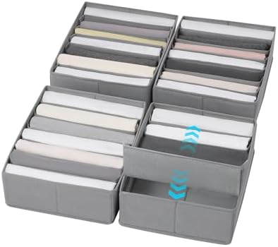 4 Packs Adjustable T-shirt Drawer Organizers for Clothing with 6 Adjustable Dividers, 7 Grids Wardrobe Storage Box, DIY 