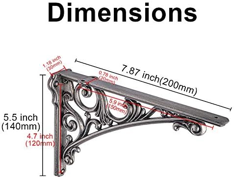 HARPOON 8 Inch Shelf Brackets 2 Pack Heavy Duty Wall Bracket Baroque Kitchen Decorative Rack Shelves Silver