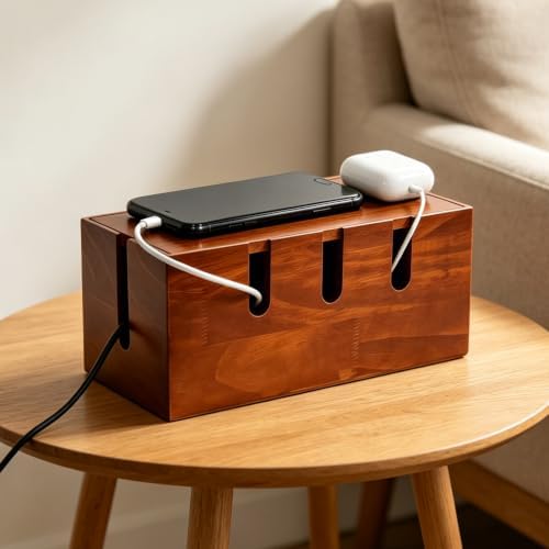 Wooden Cable Management Box, Power Strip Cord Hider with 5 Cable Slots