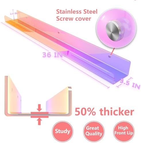 2 Pack RORKIM 36 Inch Iridescent Acrylic Floating Shelf, Kids Bookshelf