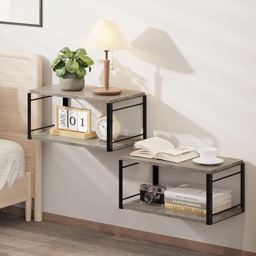 Floating Nightstand Wall Shelf, Wood Bedside Shelf Wall Mounted Nightstand Set of 2, Floating Bedside Table for Bedroom,