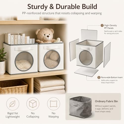 Fabric Storage Cubes with Mesh Window, 11'' Cube Storage Bin, Ivory, 4 Pack