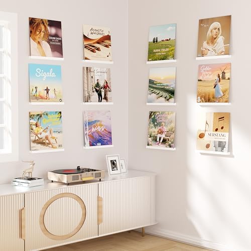 Emfogo Vinyl Record Shelf Wall Mount, 12 Pack Album Record Holder Wall, White12 inch Vinyl Record Storage Shelves Wall, 