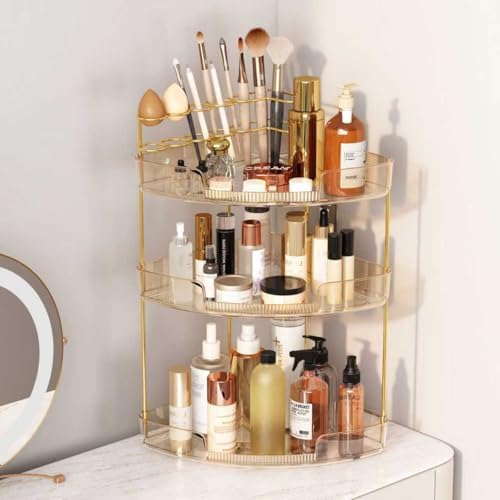 FELIZHOUSE 3-Tier Corner Bathroom Counter Organizer, Bathroom Countertop Shelf Makeup & Skincare Storage with Brush Hold