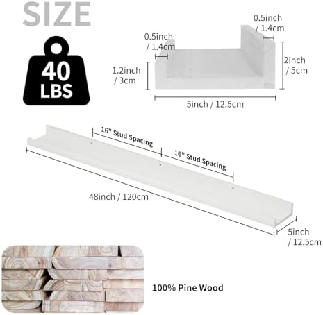 SAUMONIERES Picture Ledge Shelf Floating Book Shelves Set of 2 Wall Mounted Solid Wood for Bedroom Bathroom Living Room 