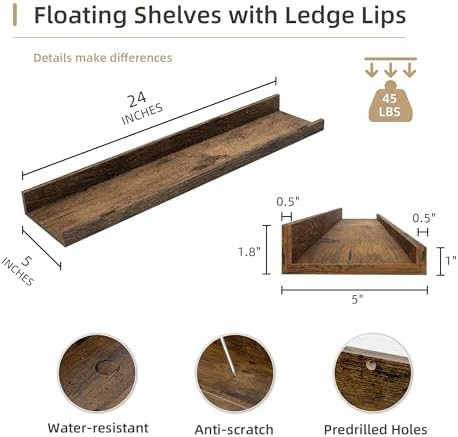 Acovy 24 inch Picture Ledge Shelf, Wood Floating Shelves Set of 4, Brown
