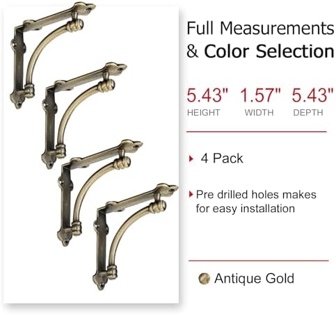 NACH Decorative Shelf Brackets, 4 Pack of 5.5 x 1.2 x 5.5 inch Gold Brackets - Cast Iron Shelf Brackets for Mounting - H