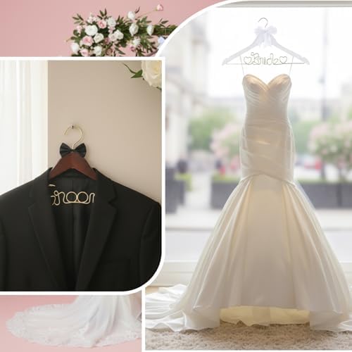 2 Pcs Bride Hanger Bride and Groom Wooden Wedding Dress Hanger Set with Bow Tie for Tuxedo Suit Wedding Gift Bridal Party Shower