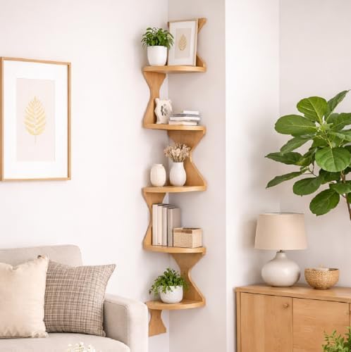 Zigzag Corner Shelf, Wood Corner Wall Shelf, 5 Tier Floating Corner Shelves for Small Space Storage, Corner Bookcase for