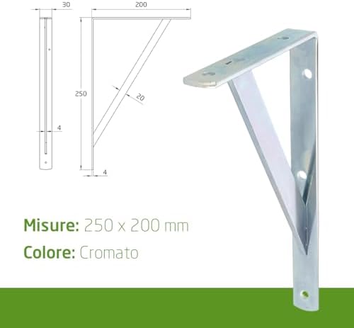 Amig, Pack of 4 Shelf Brackets Color Silver, Bracket for Shelves 250 x 200 mm, Heavy-Duty Steel: up to 330 kg
