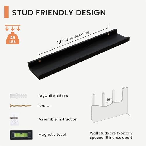 FLYJOE Picture Ledge Shelf for Wall, 24 inch Solid Ash Wood Nursery Book Shelves 2 Packs, Floating Shelves for Kids' Room Bedroom Bathroom Living Room Photo Frames Office Nursey Wall Decor, Black