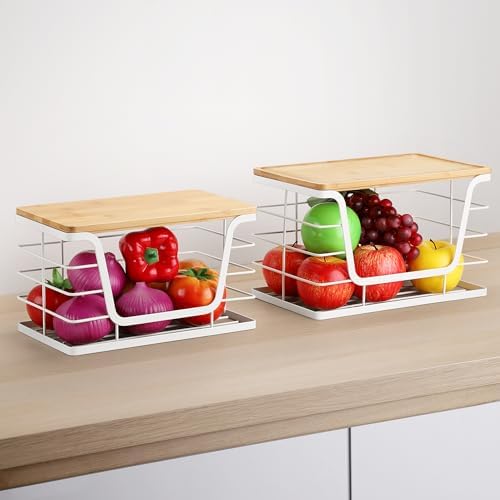 ALOCEO 2 Pack Potato and Onion Storage Bins, Large Trash Bag Holder Under Sink with Bamboo Top, Stainless Steel Pantry O