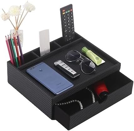 Leather Desk Organizer With Drawers, Home Cosmetics Organizer, Phone Remote Organizer, Drawer Plus Divider & Tray (black)