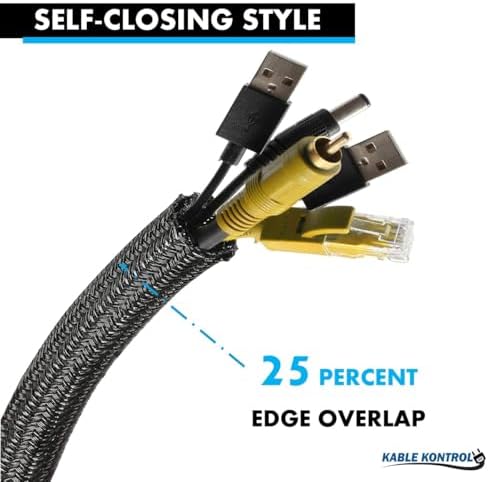 Kable Kontrol Braided Cable Sleeve Split Wrap 1/2" 10 Ft - Black