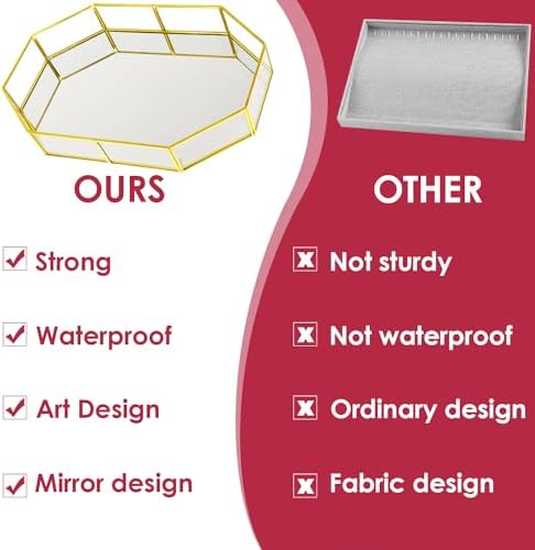 Octagon Vintage Gold Mirror Glass Vanity Tray,Ornate Geometric and Brass Plated Display Storage Organizer for Makeup Bru