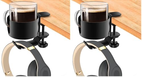OOKUU 2 in 1 Desk Cup Holder with Headphone Hanger, Anti-Spill Cup Holder for Desk or Table, Easy to Install, Sturdy and Durable, Enough to Hold Coffee Mups, Water Bottles, Headphones (Pack of 2)