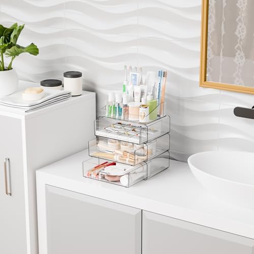 Yieach 4 Tier Clear Acrylic Makeup Organizers with Drawers,Tiered Countertop Make up Storage Organizer for Dresser Top a