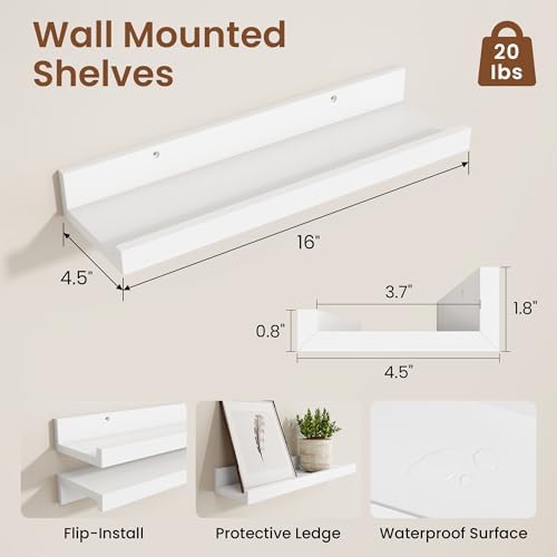 Heimlove Picture Ledge Shelf, Small Floating Shelves Set of 2, 16 Inches Picture Shelf for Wall with Ledge, Kids Bookshe