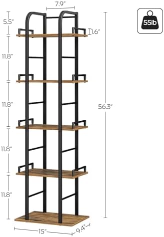 YATINEY 5 Tier Rotating Bookshelf, Freestanding Corner Bookshelf, 360 Spinning Bookcase Tower, Tall Industrial Style Org