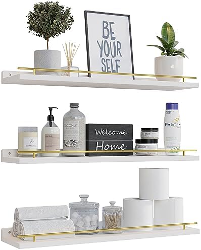 WOPITUES Floating Shelves 24 inch with Gold Metal Guardrail, Shelves for Wall Decor Set of 3, Wall Shelves for Bedroom, 