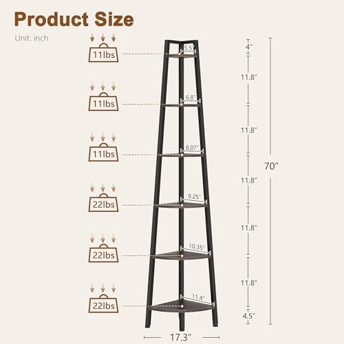 Hoctieon Corner Shelf, 6-Tier Corner Bookshelf, Rustic Ladder Shelf, Industrial Display Stand for Living Room, Kitchen, 