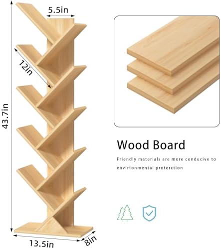 10 Tier Tree Book Shelf, Floor Standing Wood Bookshelf for Narrow Space
