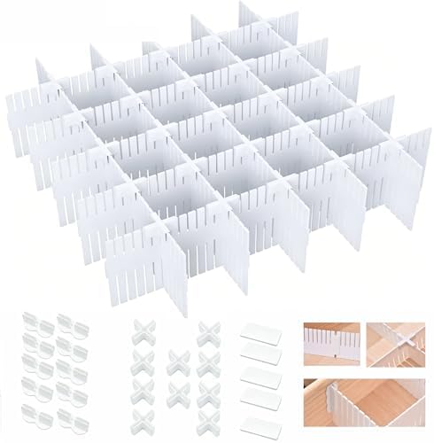 20 PCS Drawer Divider with 25 Accessories, Adjustable Drawer Organizer Inserts, 12.6" x 2.76" x 0.08" White Drawer Plast