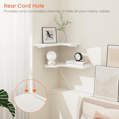 Homode Corner Floating Shelves, Set of 3 Corner Wall Shelves with Wire Hole, L-Shaped Wood Hanging Storage Shelf for Wal