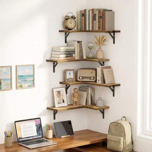 Amada Corner Floating Shelves, Paulownia Wood, Set of 4, Natural Wood