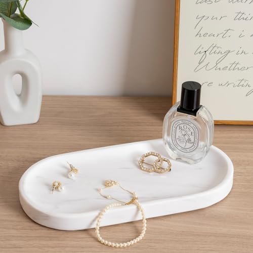 Koville White Marble Oval Tray for Bathroom Countertop, 10" x 5" Natural Marble Vanity Trays, Stone Perfume Organizer Tr