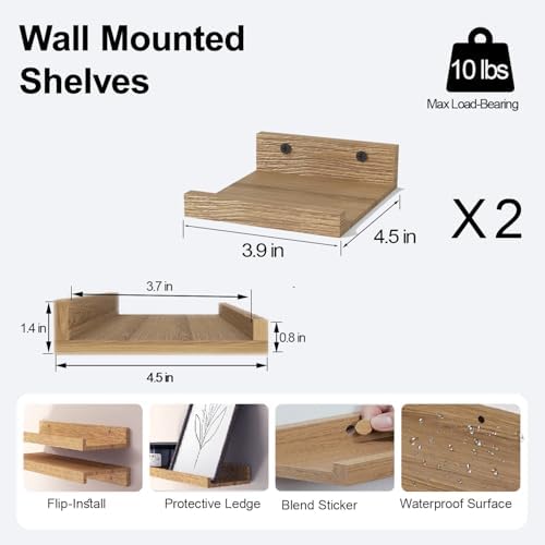 Small Oak Floating Shelves for Wall, Shelf with Lip Set of 2, 4 in