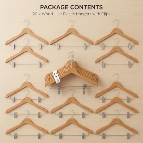 USTECH Durable Plastic Hangers 20 Pack | Slim Heavy Duty Wood-Like Design wth Adjustable Clips | Non Slip Hangers with A