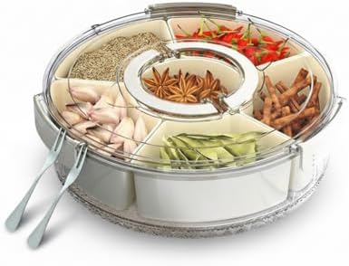 Divided Rotating Snackle Box Container, Veggie Tray with Lid for Fridge - Lazy Susan Snack Spinner with Handle, Rotating