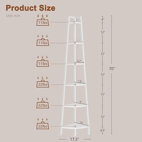 Hoctieon Corner Shelf, 6-Tier Corner Bookshelf, Rustic Ladder Shelf, Industrial Display Stand for Living Room, Kitchen, 
