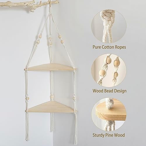 Artilady Corner Shelf Macrame Wall Hanging, Boho Wood Storage Wall Decor