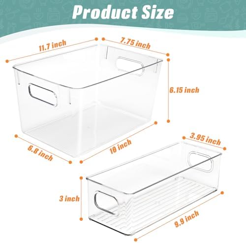 Set of 8 Clear Organizers and Storage Bins, 4 Large and 4 Small Stackable Plastic Storage Containers with Handles for Fr