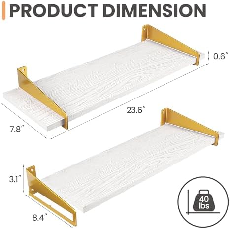 upsimples Wall Shelves for Decor, Long White Gold Floating Shelves Wall Mounted Set of 2, Sturdy Rustic Wood Shelves Han