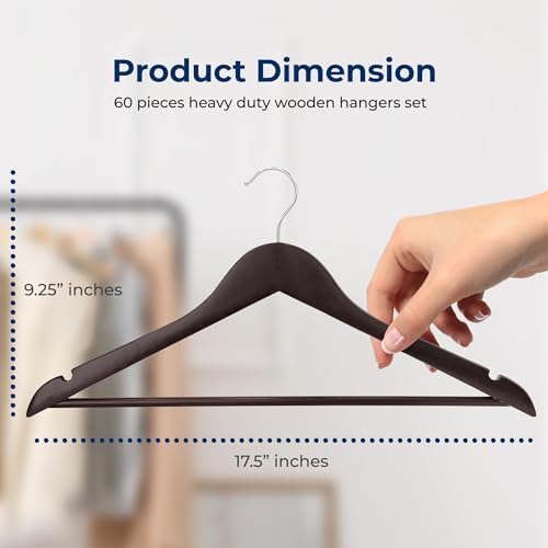 SereneLife Wooden Clothes Hangers 60 Pack, Brown Wood Coat Hangers, Non-Slip Shoulder Grooves & Notches, 360° Swivel Chrome Hook, Space-Saving for Suits & Jackets, Closet Organizer - Home Essentials