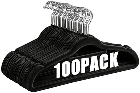 SUPER DEAL Velvet Hangers 100 Pack, Non-Slip Clothes Hangers with Tie Bar and Shoulder Notched Premium 360 Degree Swivel Hook for Coat Suit Pants Dress Closet Space Saving, Black