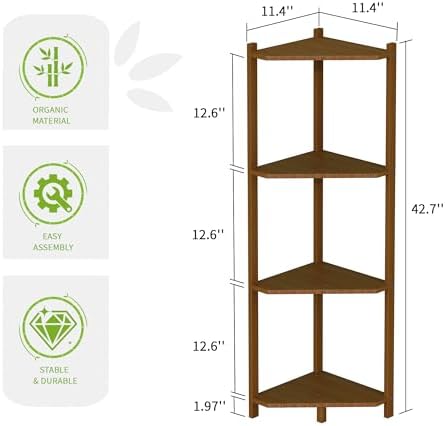 Wisuce Bamboo Small Corner Shelf Stand, 4-Tier Brown Corner Bookshelf