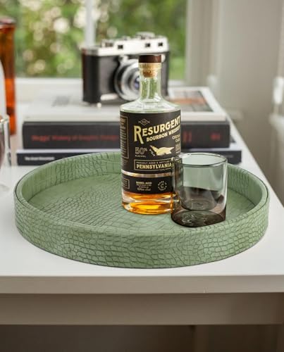 HofferRuffer Faux Leather Round Serving Tray, Vegan Croco Leather Decorative Food Tray for Storage Drinks, Snack & Cosme