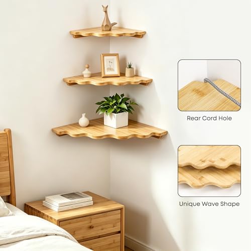 Fantasyon Corner Floating Shelf Wall Mount, Set of 3 Floating Corner Shelves, Bamboo Wood Corner Hanging Shelves with Co