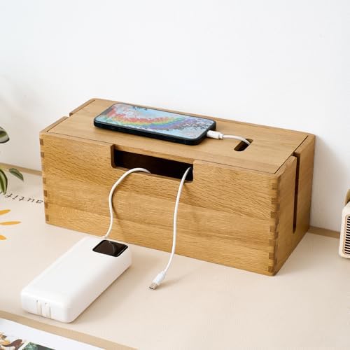 Oak Wood Cable Management Box - Large Cord Hider & Organizer with Magnetic Lid for Desk & Floor Cables in Home Office, L