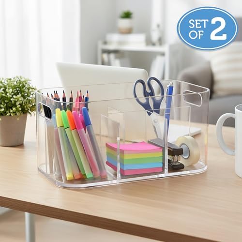 STORi Bliss 5-Compartment Plastic Cosmetics Storage Organizer, Set of 2 | Clear | Rectangular Divided Makeup Bin & Vanit