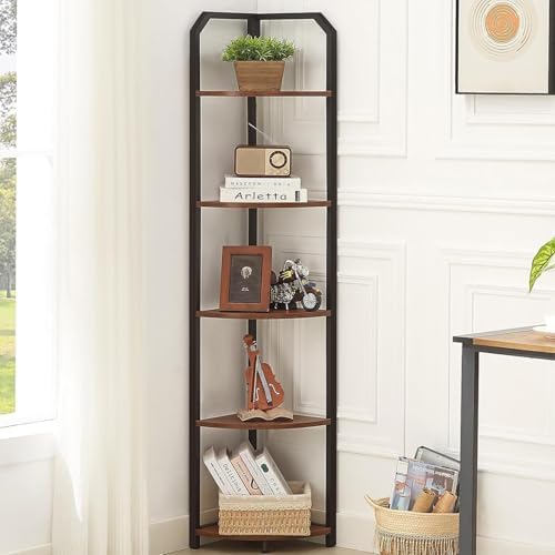 5 Tier Corner Shelf, Narrow Corner Bookshelf for Living Room,Bedroom, Brown