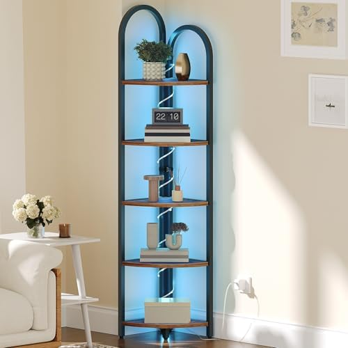 MAHANCRIS 5-Tier Corner Shelf with LED Light, 64.6'' Tall Corner Bookshelf, Narrow Storage Shelf with Metal Frame, for L