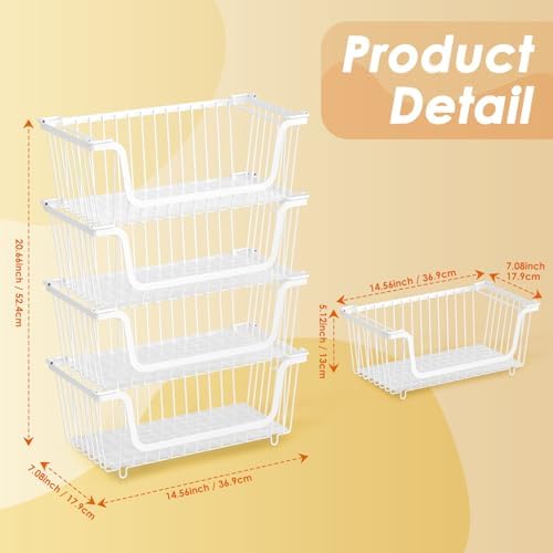 4 Pcs Stackable Wire Baskets for Pantry Organizers and Storage, White