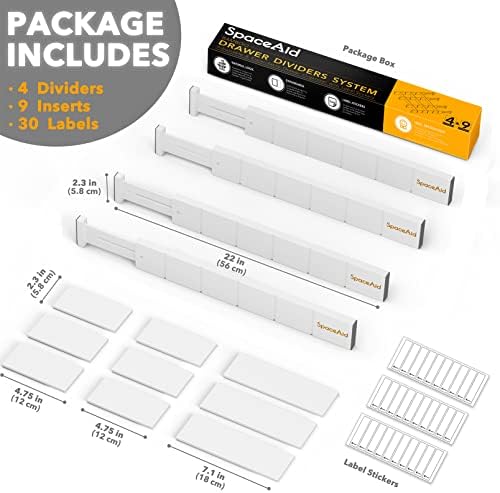 SpaceAid Bamboo Drawer Dividers with Inserts and Labels, Kitchen Adjustable Drawer Organizers, Expandable Organization for Home, Office, Dressers, 4 Dividers with 9 Inserts (17"-22" White)