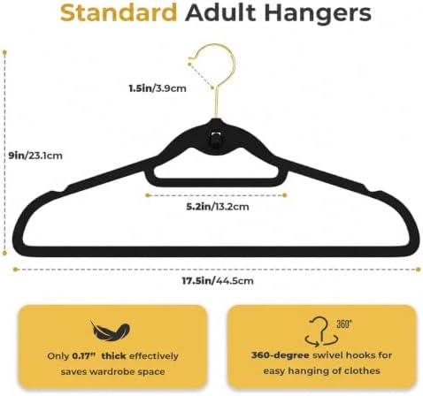 Black Velvet Hangers 50 Pack with Stackable Cascading Gloden Hook